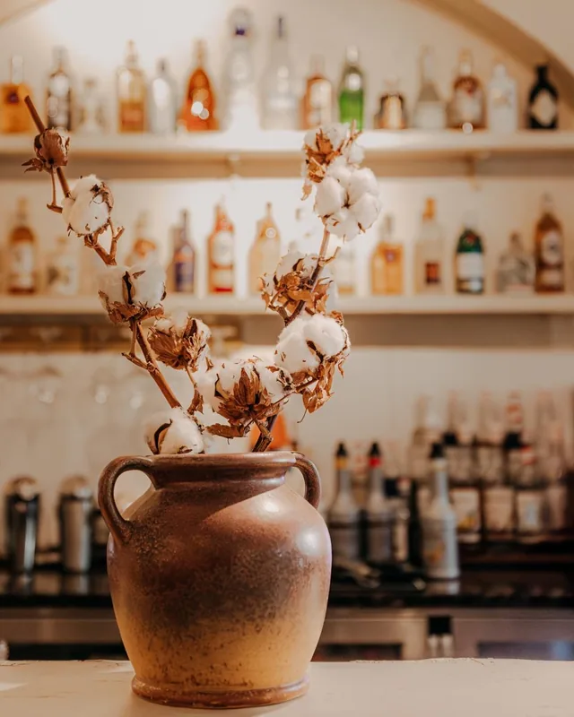 Baumwollzweige in einer Tonvase auf der Bar, dahinter ein Regal mit Flaschen