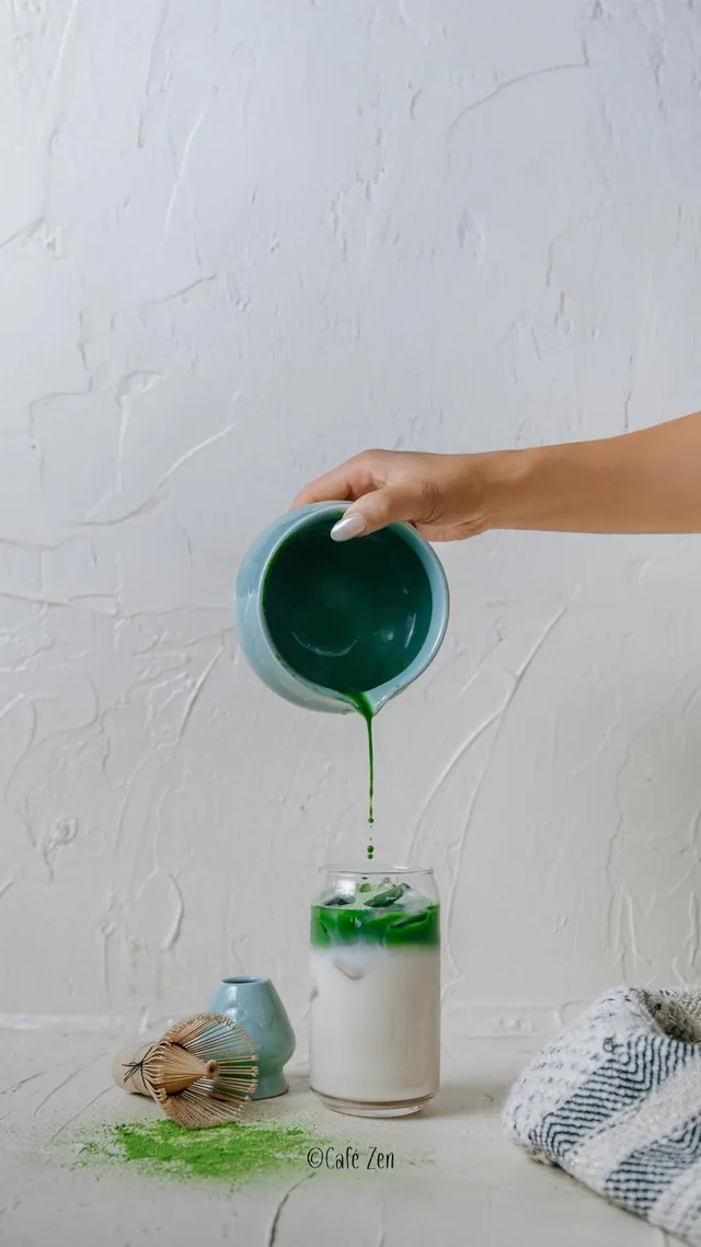 Hand gießt Matcha aus einer türkisfarbenen Schale in ein Glas mit Milch